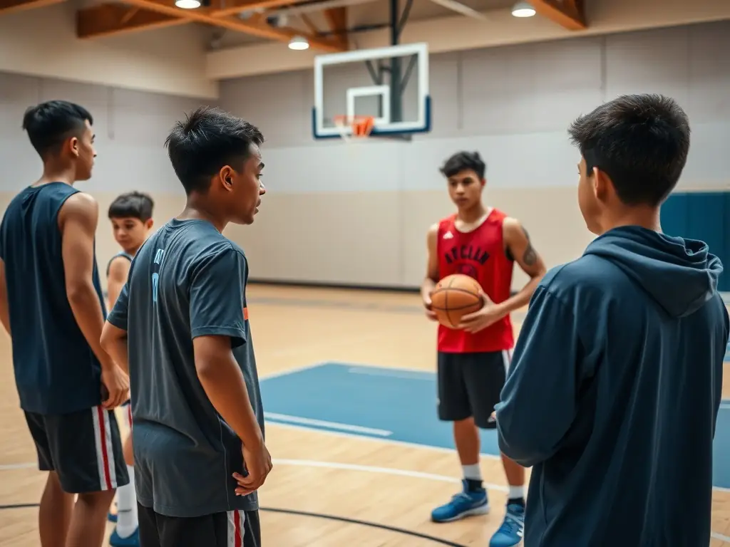 A NAVES BASKET CLUB coach guiding young players through a basketball drill, emphasizing skill development and technique.