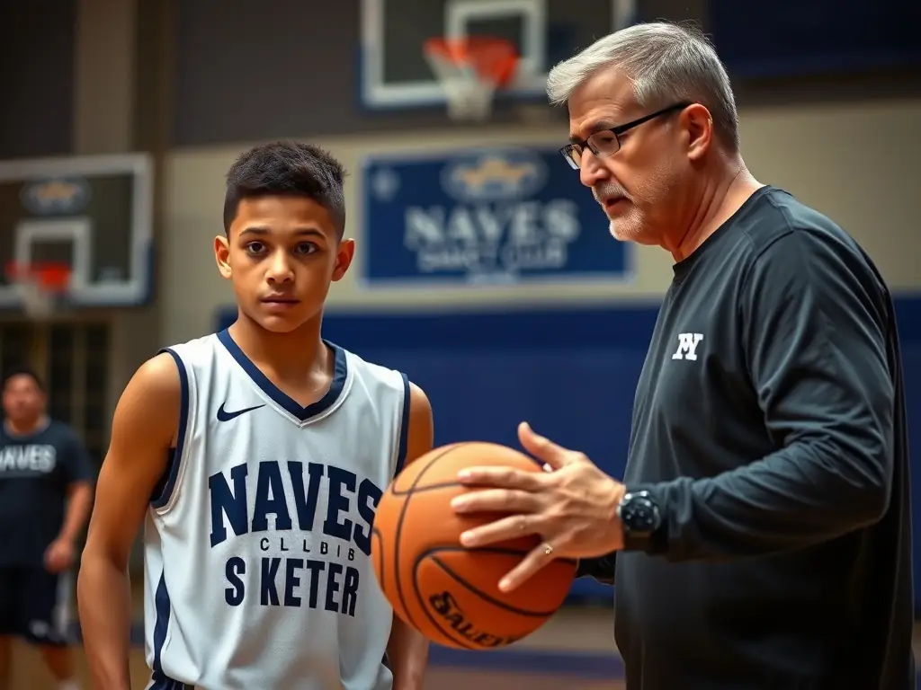 A focused image of a coach guiding a young player during a basketball drill at NAVES BASKET CLUB, highlighting the personalized attention and skill development provided.