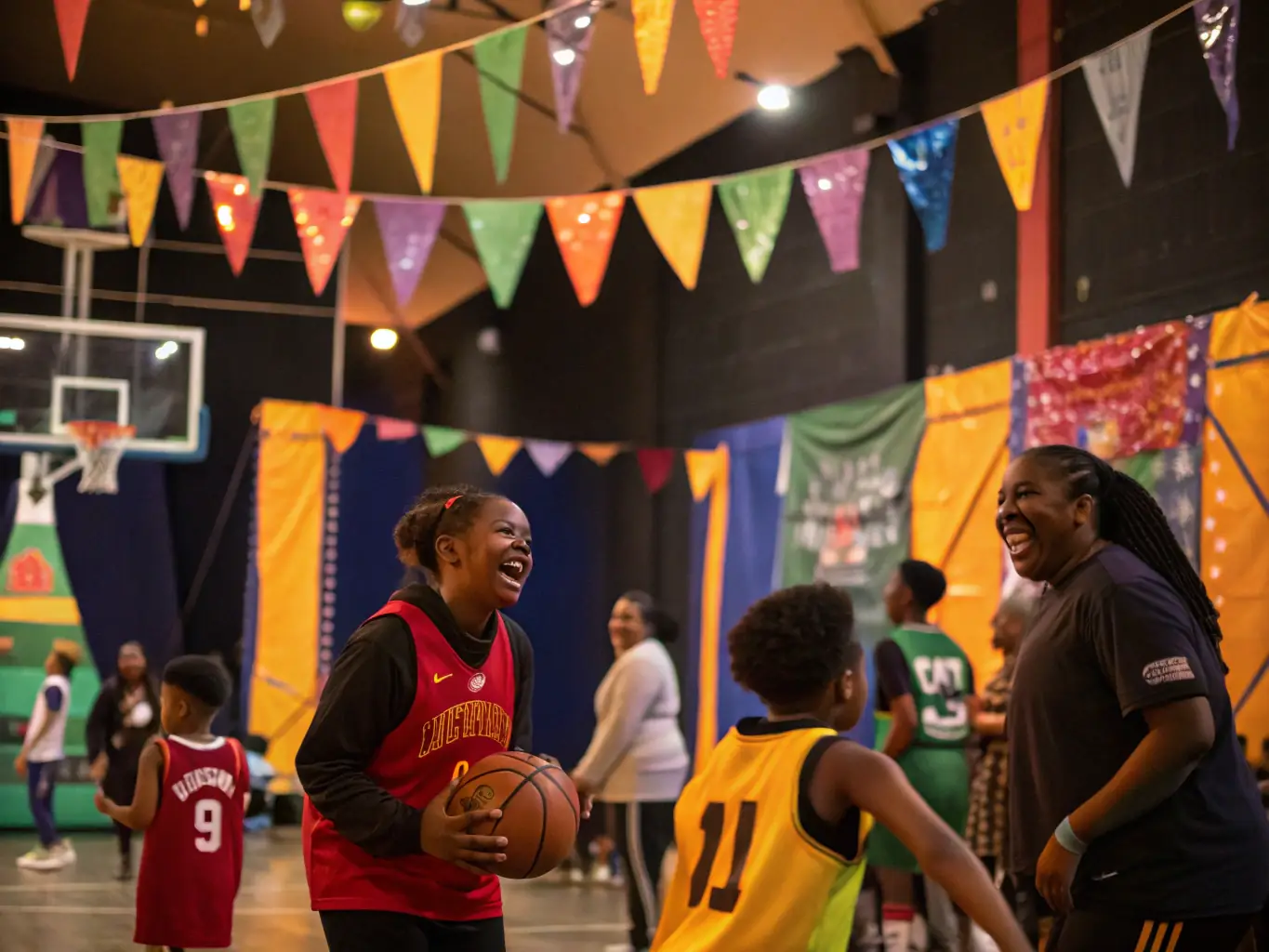 A vibrant image of a community event organized by NAVES BASKET CLUB, featuring families and players participating in fun basketball-related activities and games.