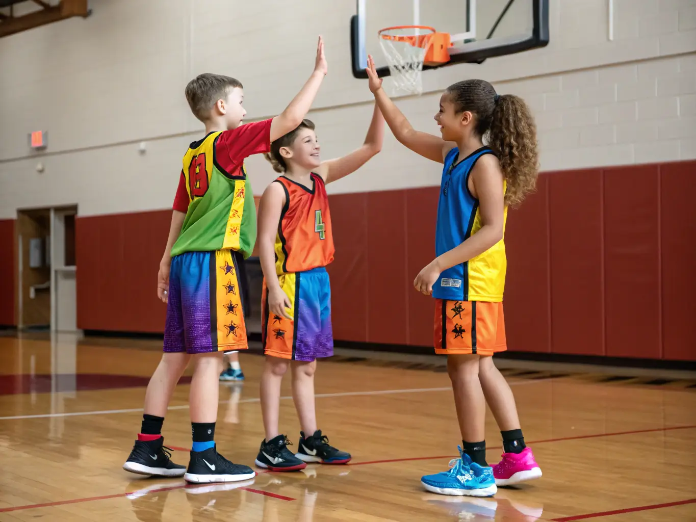 A vibrant image of young basketball players in NAVES BASKET CLUB, high-fiving each other after a successful play during a training session, symbolizing teamwork and camaraderie.