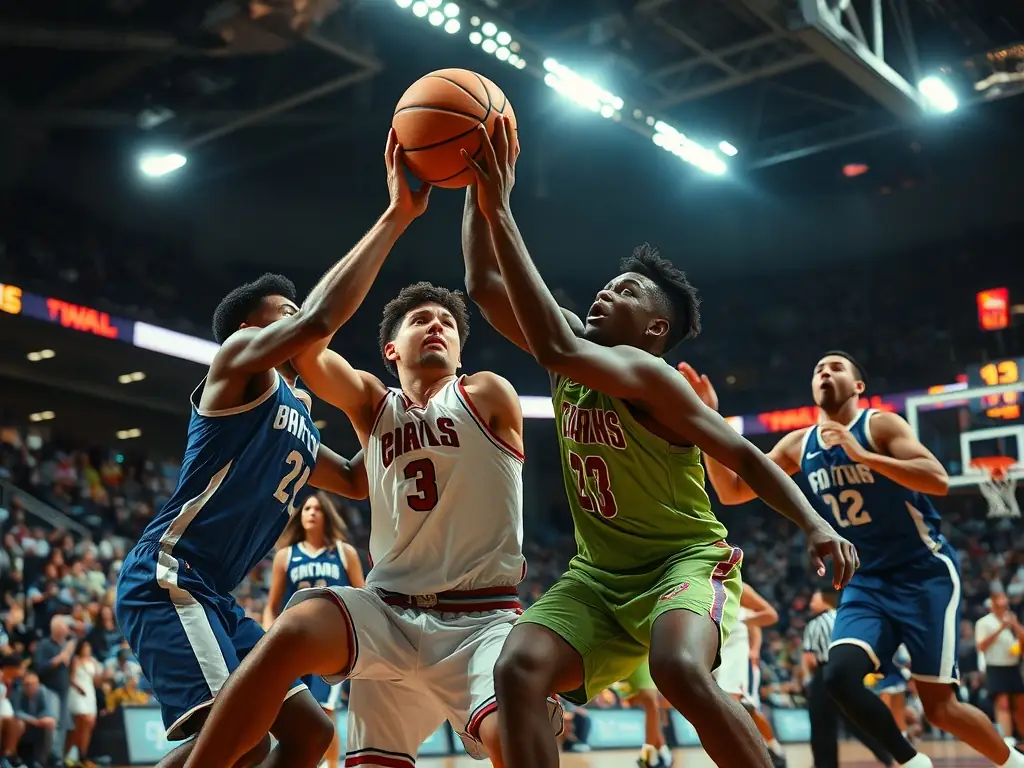 An action shot of a competitive basketball game, showcasing players in motion, demonstrating speed, agility, and strategic play.