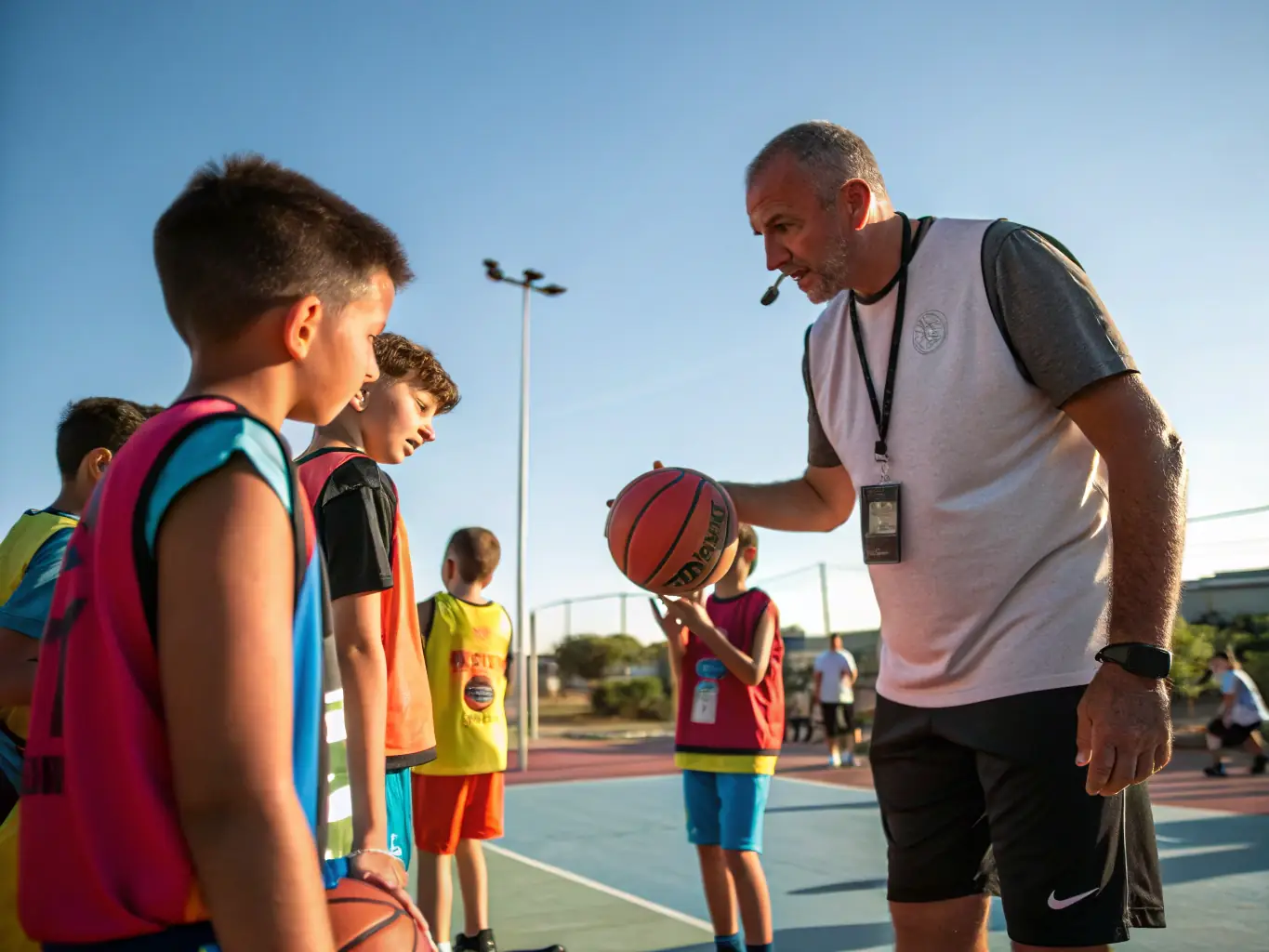 A focused image of a coach providing personalized instruction to a young player, emphasizing proper shooting form and technique.