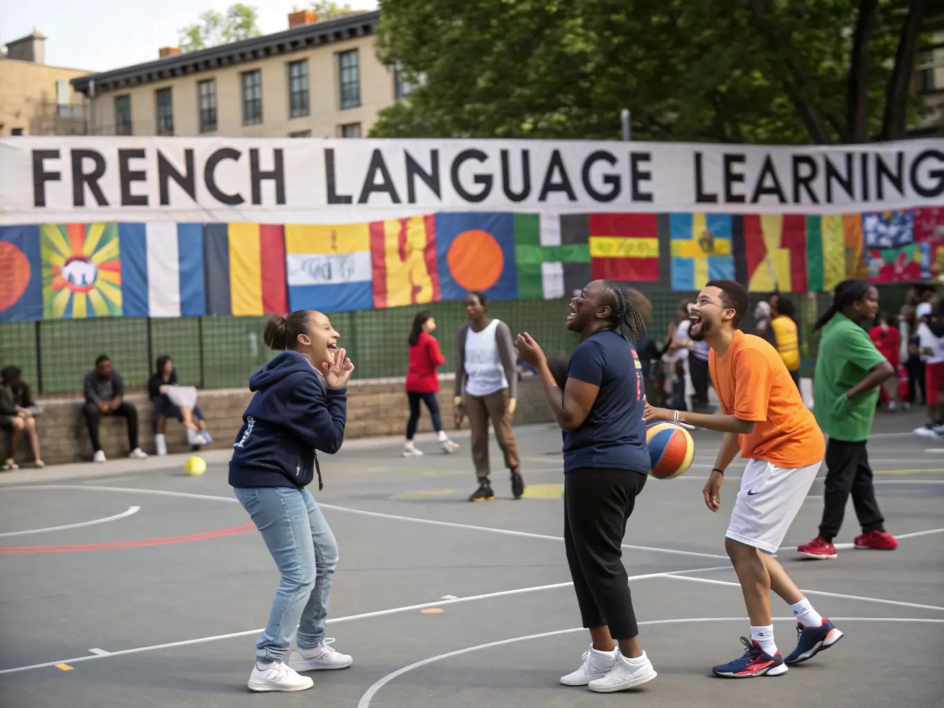 A photo of NAVES BASKET CLUB members participating in a community basketball event, interacting with local residents and promoting the sport.