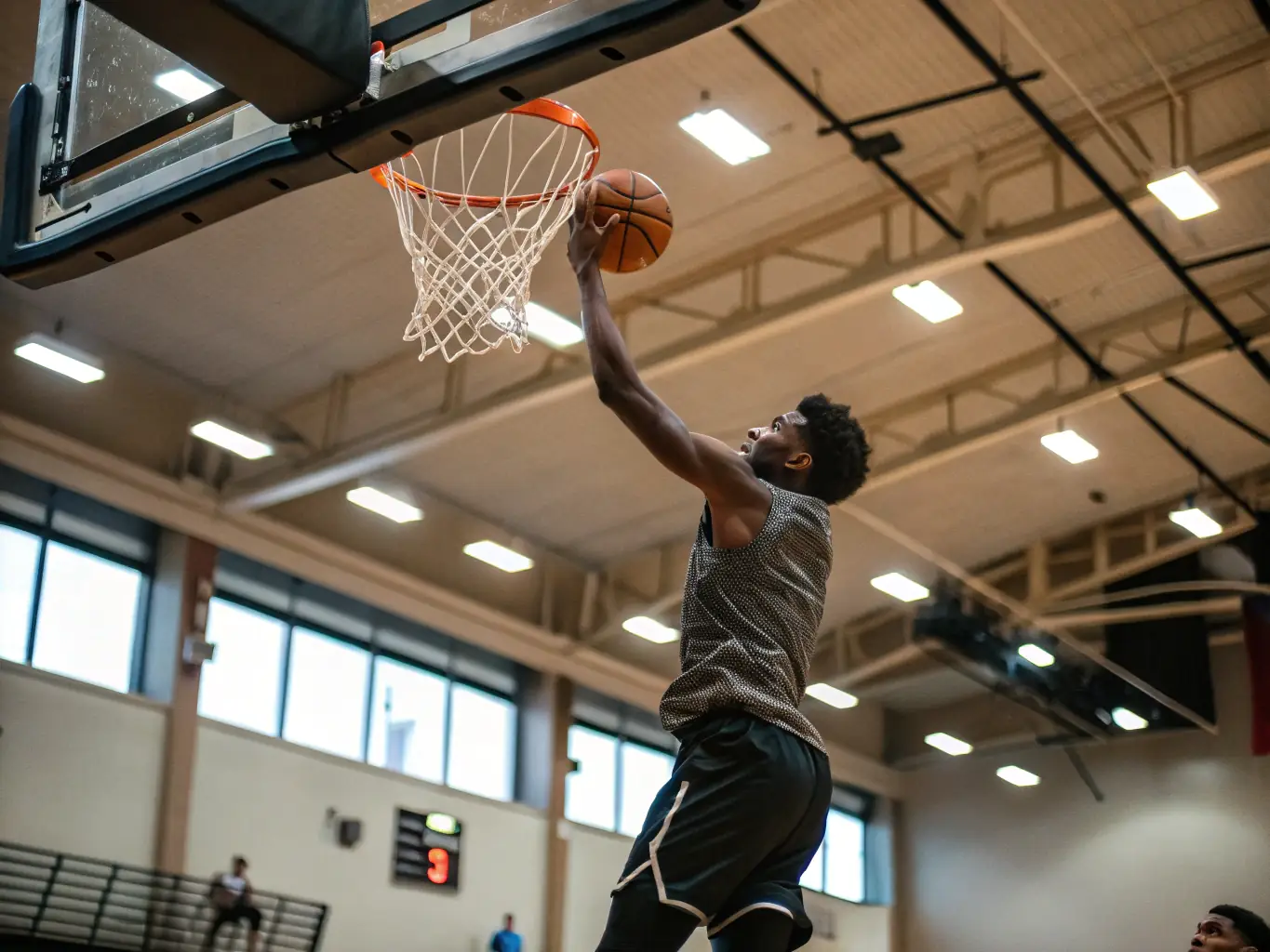 An inspiring image of a NAVES BASKET CLUB player making a game-winning shot, showcasing the excitement, achievement, and competitive spirit fostered by the club.