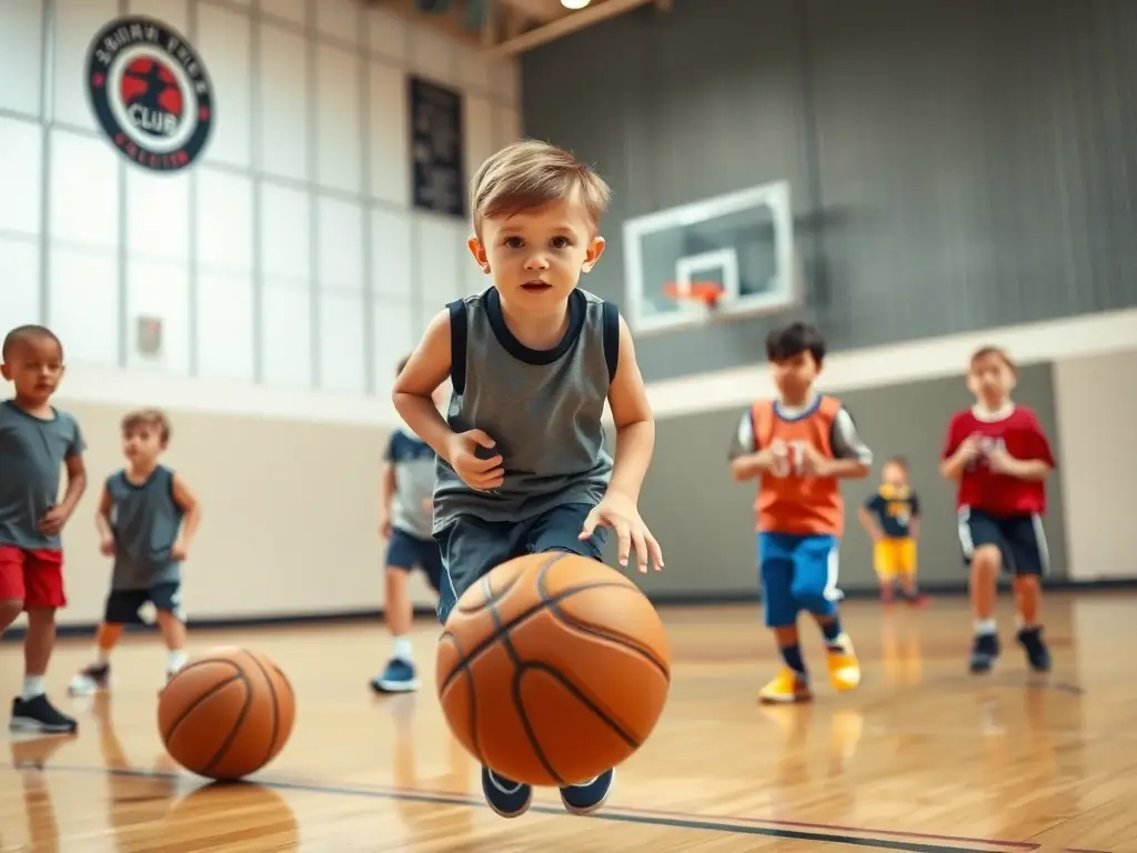 A group of young basketball players in NAVES BASKET CLUB uniforms practicing dribbling skills during a training session, with a coach providing guidance.