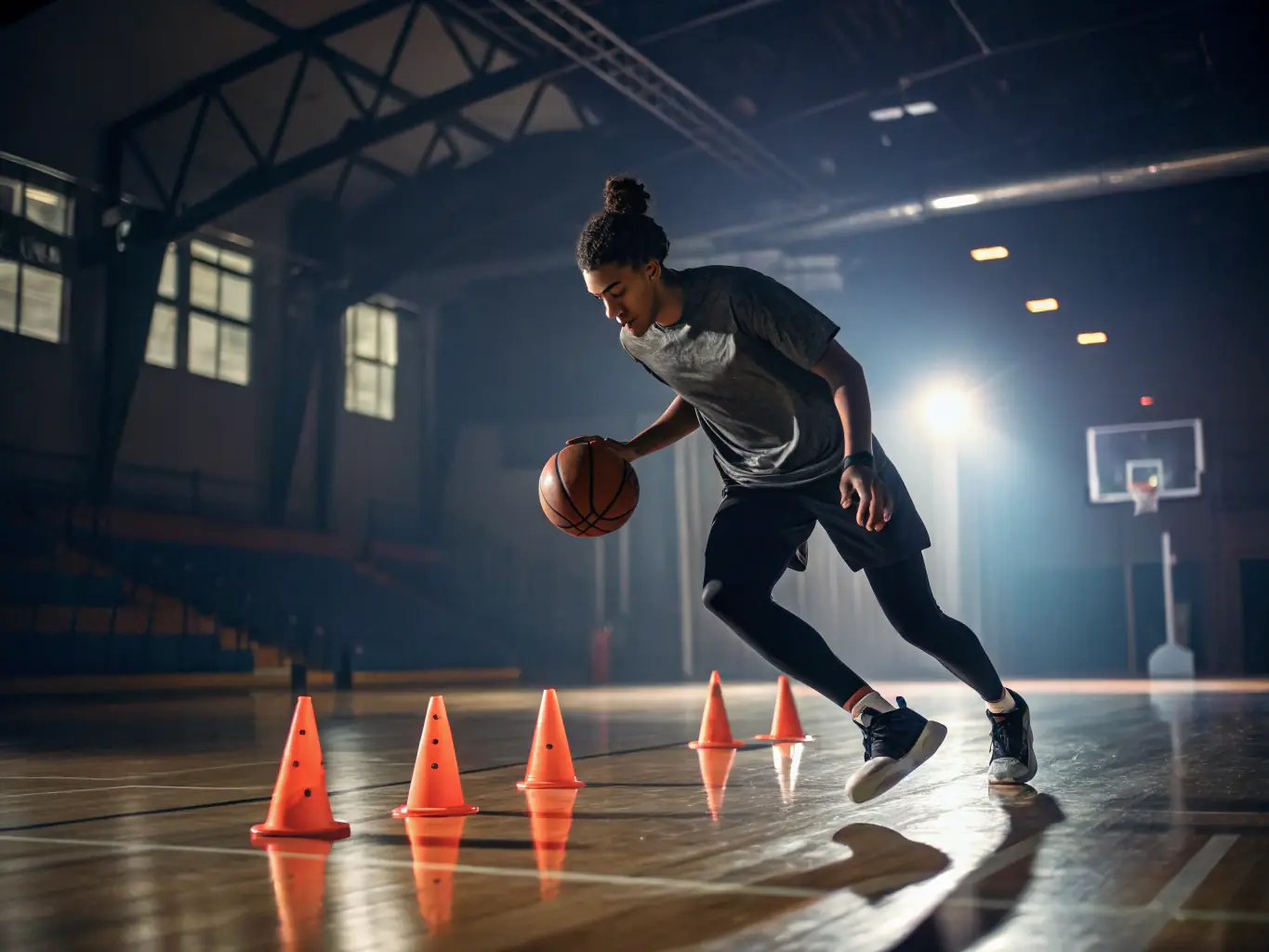 A dynamic action shot of young basketball players participating in a training session at NAVES BASKET CLUB, focusing on dribbling skills with cones, showcasing energy and engagement.