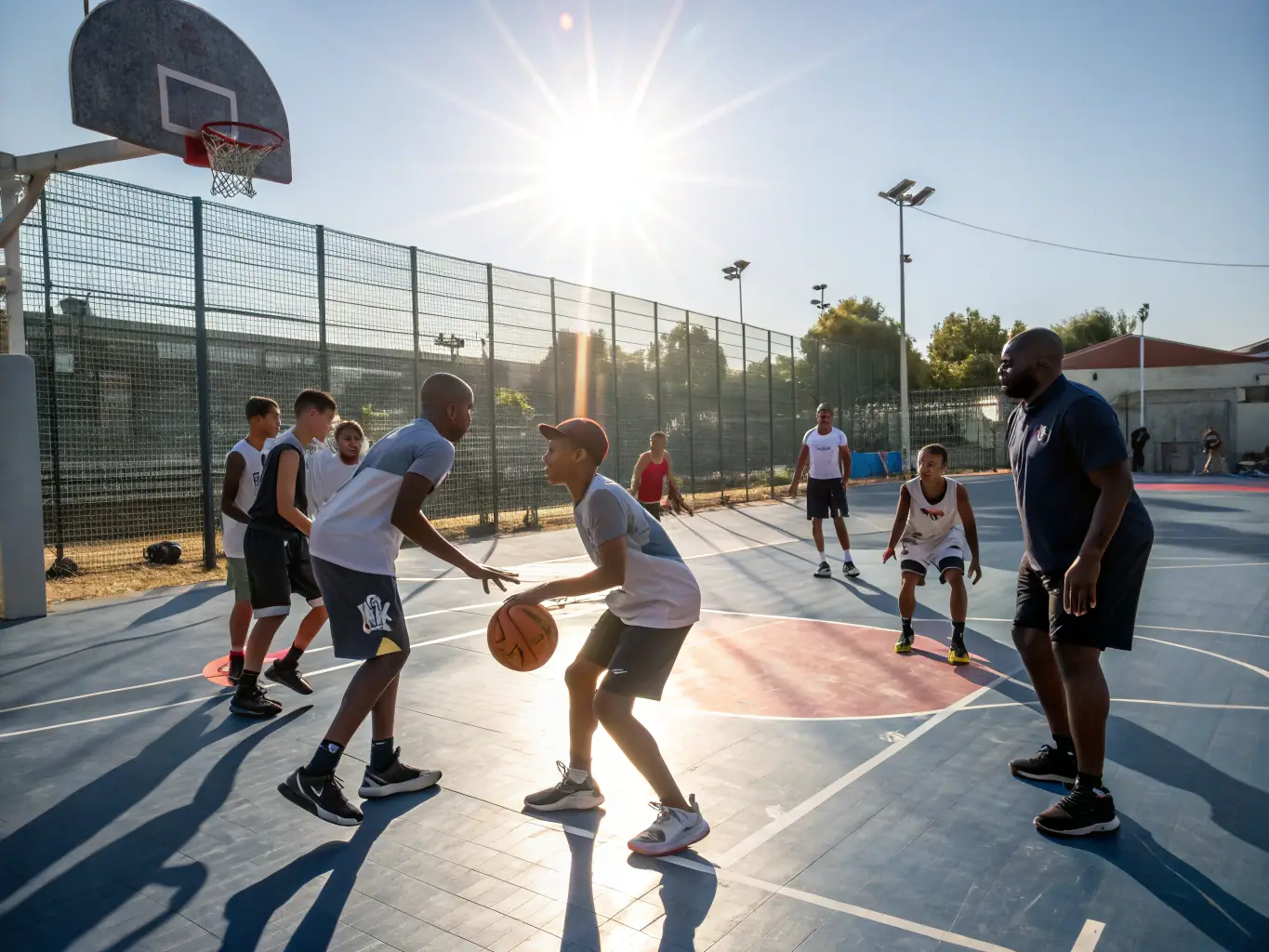 A vibrant image of young basketball players actively participating in a training session, dribbling and passing the ball with focus and enthusiasm, under the guidance of a coach.