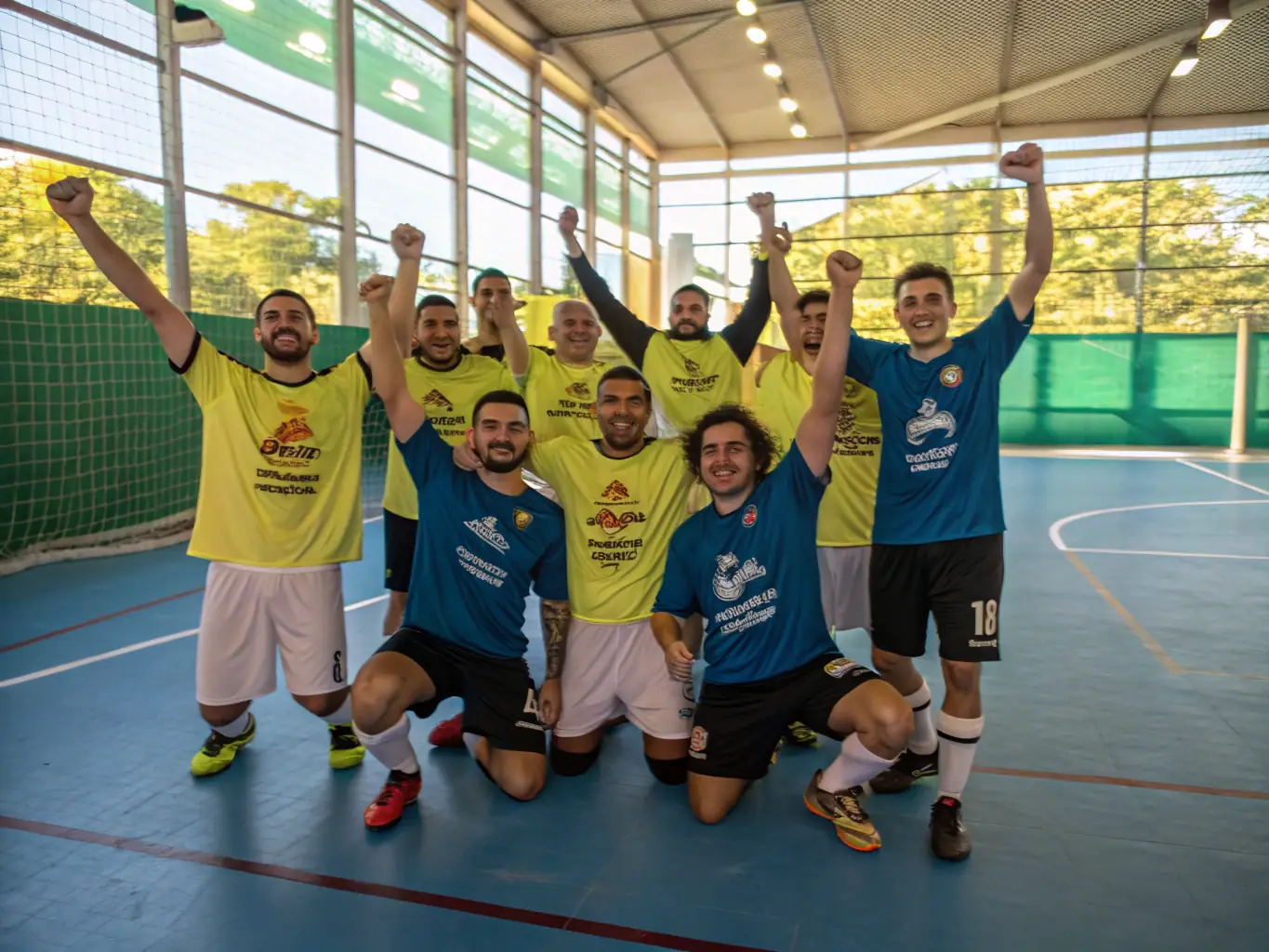 A group of young basketball players in NAVES BASKET CLUB uniforms celebrating a victory, showcasing teamwork and camaraderie.